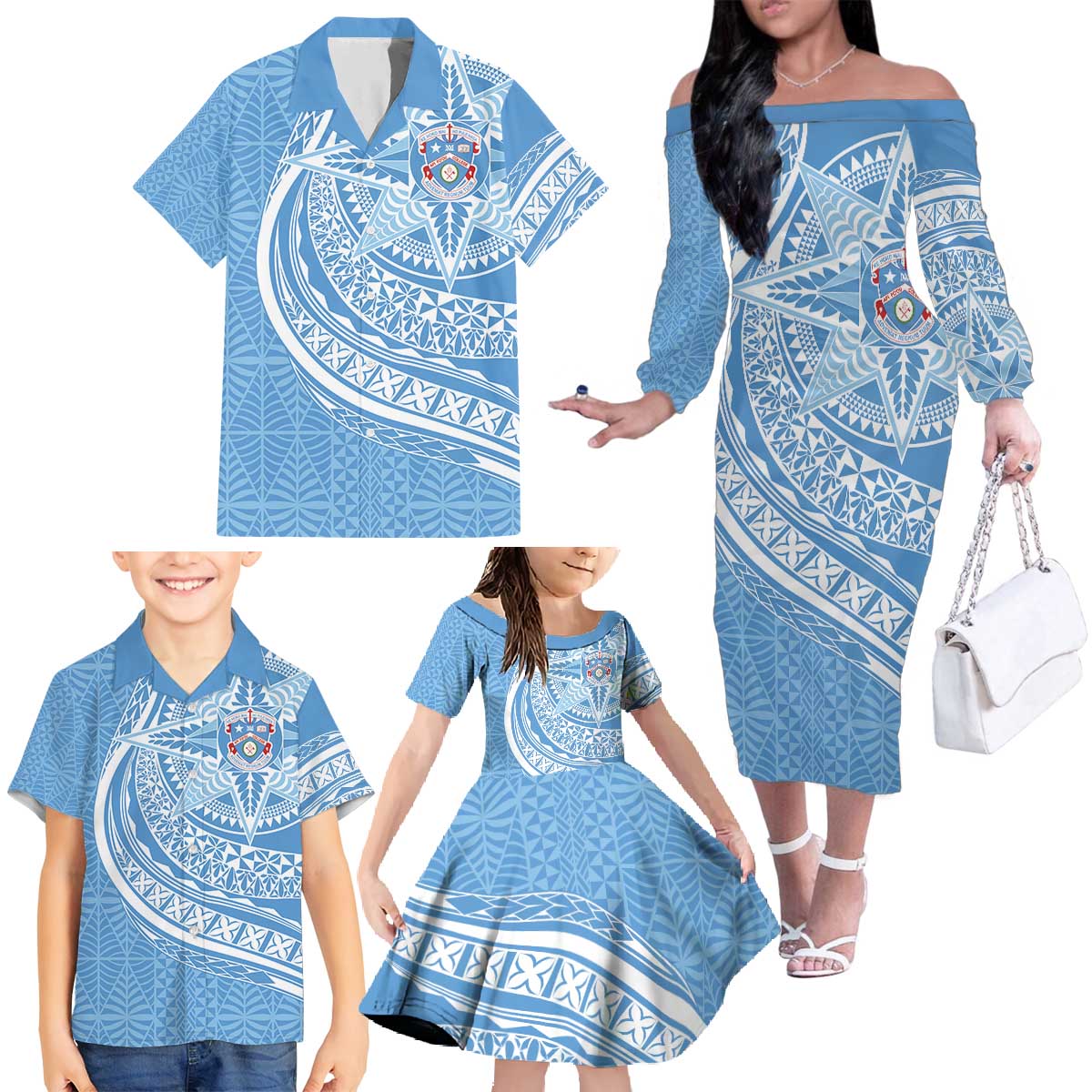 Tonga Apifo'ou Kolisi Personalized Family Matching Off The Shoulder Long Sleeve Dress and Hawaiian Shirt Ngatu Tokelaufeletoa Motifs LT7 - Polynesian Pride