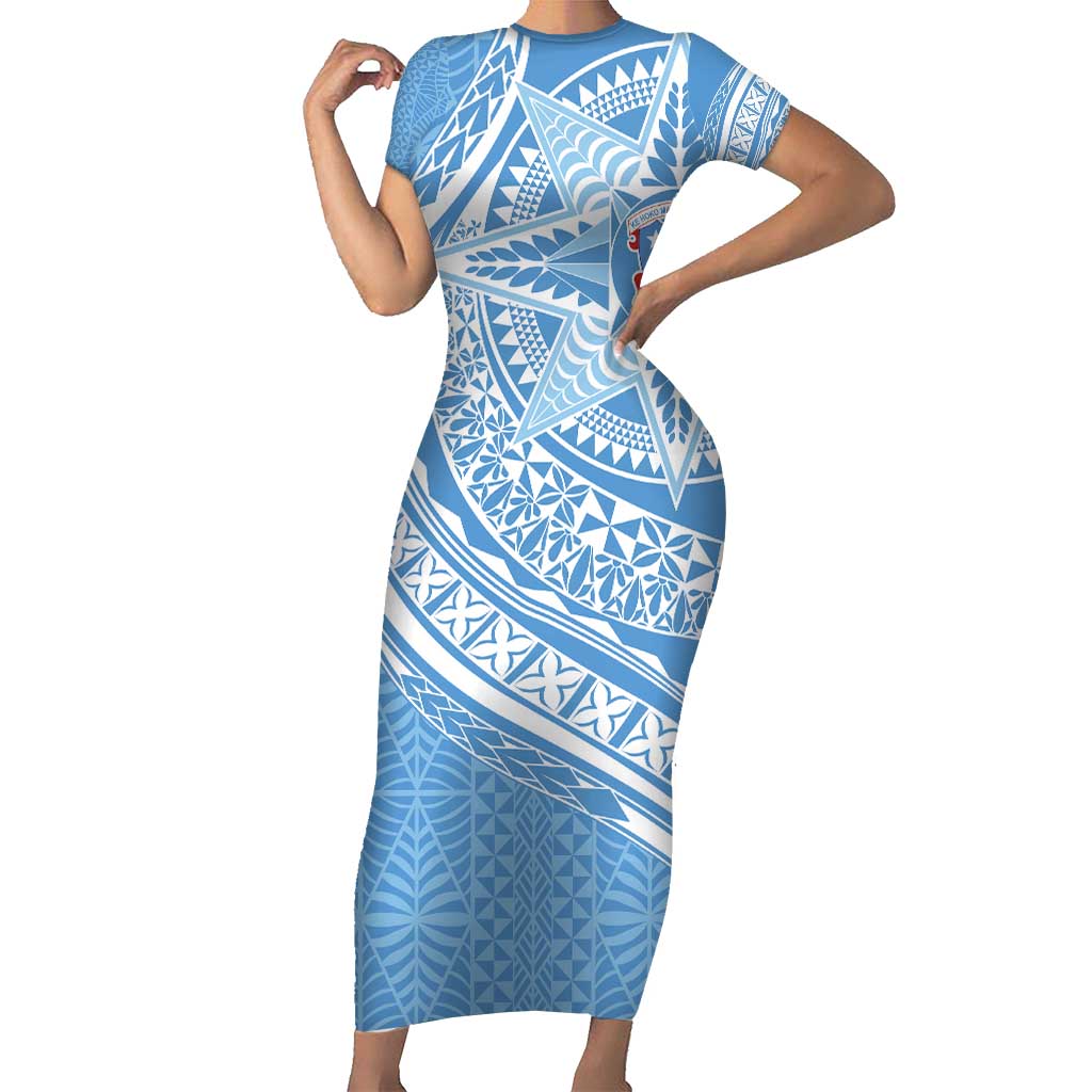 Tonga Apifo'ou Kolisi Personalized Family Matching Short Sleeve Bodycon Dress and Hawaiian Shirt Ngatu Tokelaufeletoa Motifs LT7 Mom's Dress Light Blue - Polynesian Pride