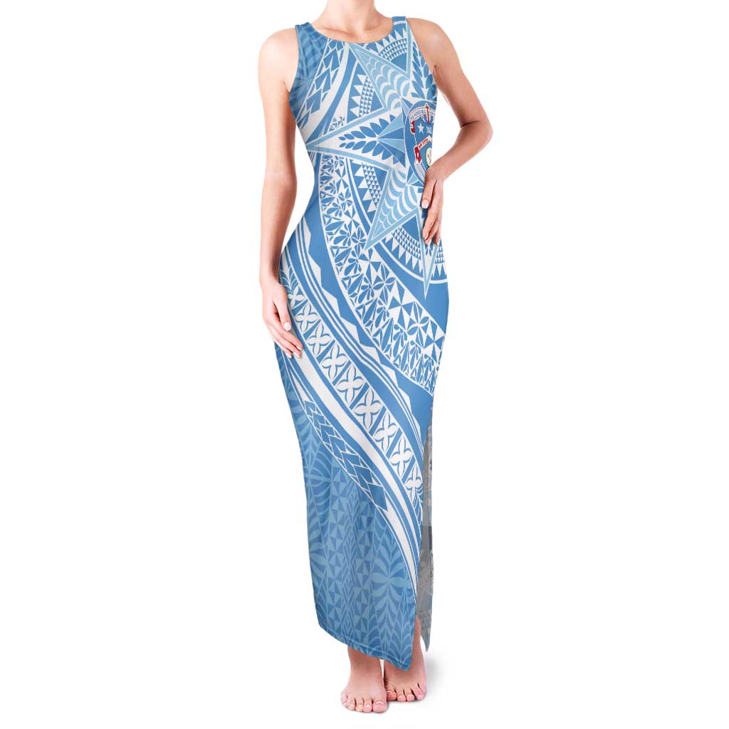 Tonga Apifo'ou Kolisi Personalized Family Matching Tank Maxi Dress and Hawaiian Shirt Ngatu Tokelaufeletoa Motifs LT7 Mom's Dress Light Blue - Polynesian Pride