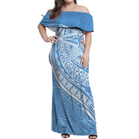 Tonga Apifo'ou Kolisi Personalized Off Shoulder Maxi Dress Ngatu Tokelaufeletoa Motifs LT7 Women Light Blue - Polynesian Pride