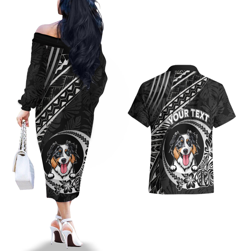 Personalised Polynesian Dog Couples Matching Off The Shoulder Long Sleeve Dress and Hawaiian Shirt With Australian Shepherd - Crescent Style LT7 - Polynesian Pride