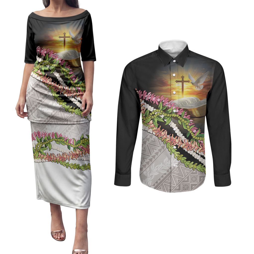 Hawaii Mokihana Mix Pikake Leis Mahalo 'Olelo Couples Matching Puletasi and Long Sleeve Button Shirt Black LT7 Black - Polynesian Pride