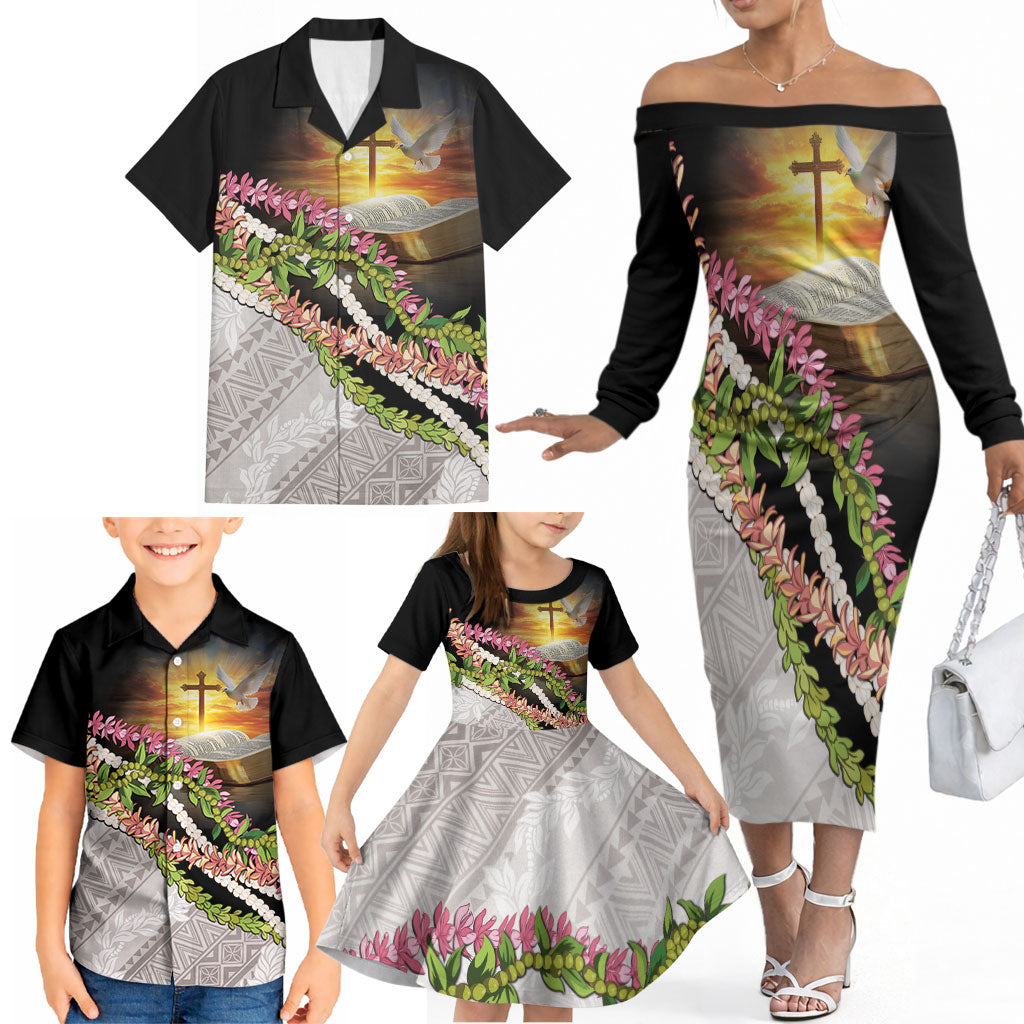 Hawaii Mokihana Mix Pikake Leis Mahalo 'Olelo Family Matching Off The Shoulder Long Sleeve Dress and Hawaiian Shirt Black LT7 - Polynesian Pride