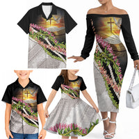 Hawaii Mokihana Mix Pikake Leis Mahalo 'Olelo Family Matching Off The Shoulder Long Sleeve Dress and Hawaiian Shirt Black LT7 - Polynesian Pride