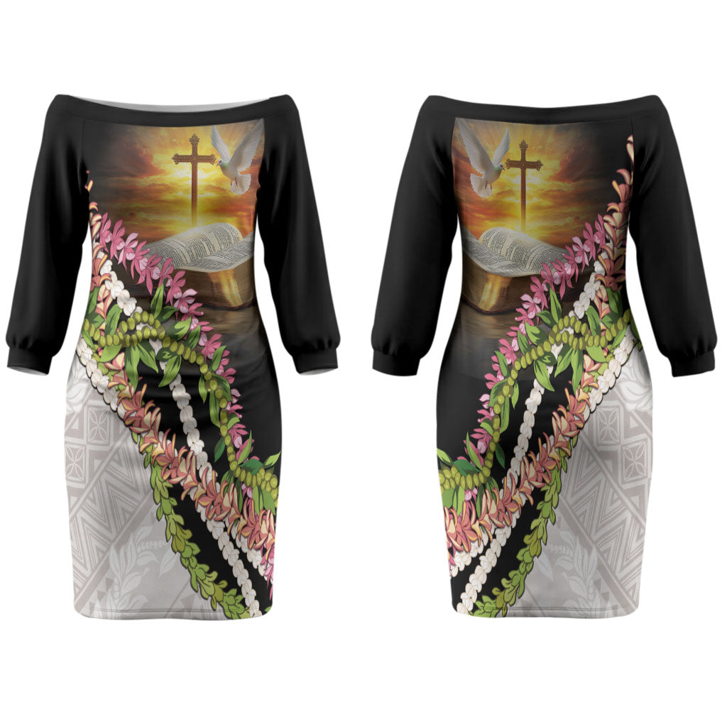 Hawaii Mokihana Mix Pikake Leis Mahalo 'Olelo Family Matching Off The Shoulder Long Sleeve Dress and Hawaiian Shirt Black LT7 Mom's Dress Black - Polynesian Pride