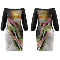 Hawaii Mokihana Mix Pikake Leis Mahalo 'Olelo Family Matching Off The Shoulder Long Sleeve Dress and Hawaiian Shirt Black LT7 Mom's Dress Black - Polynesian Pride