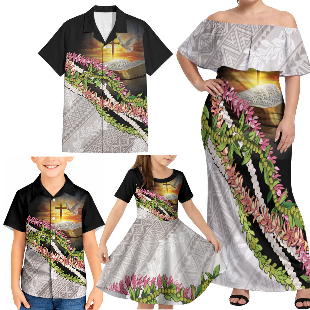 Hawaii Mokihana Mix Pikake Leis Mahalo 'Olelo Family Matching Off Shoulder Maxi Dress and Hawaiian Shirt Black