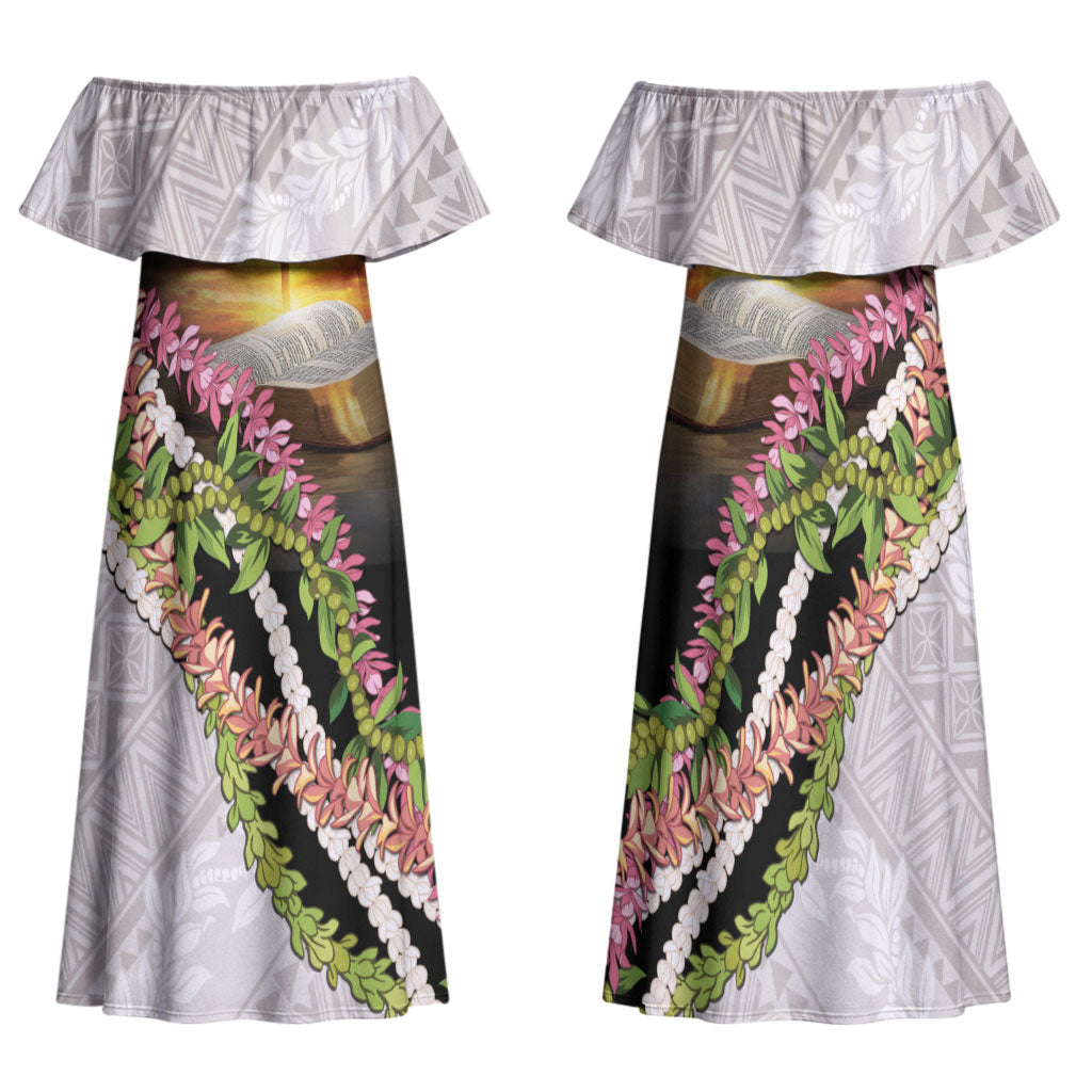 Hawaii Mokihana Mix Pikake Leis Mahalo 'Olelo Family Matching Off Shoulder Maxi Dress and Hawaiian Shirt Black
