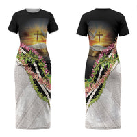 Hawaii Mokihana Mix Pikake Leis Mahalo 'Olelo Family Matching Short Sleeve Bodycon Dress and Hawaiian Shirt Black LT7 Mom's Dress Black - Polynesian Pride