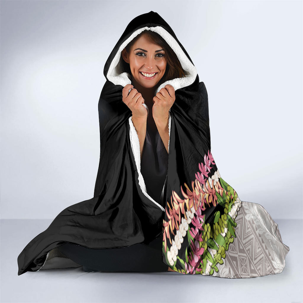 Hawaii Mokihana Mix Pikake Leis Mahalo 'Olelo Hooded Blanket Black LT7 - Polynesian Pride