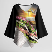 Hawaii Mokihana Mix Pikake Leis Mahalo 'Olelo Kimono Sleeve Blouse Black LT7 Female Black - Polynesian Pride