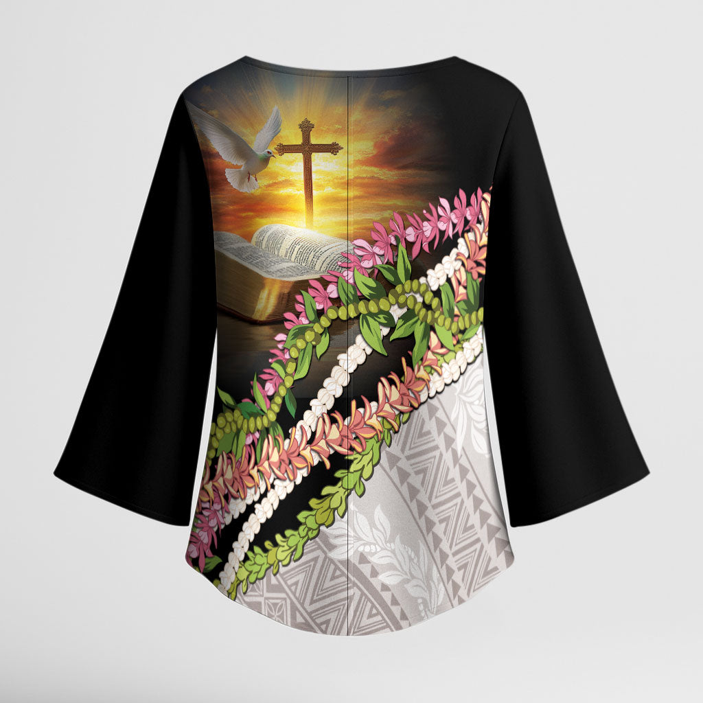 Hawaii Mokihana Mix Pikake Leis Mahalo 'Olelo Kimono Sleeve Blouse Black LT7 - Polynesian Pride