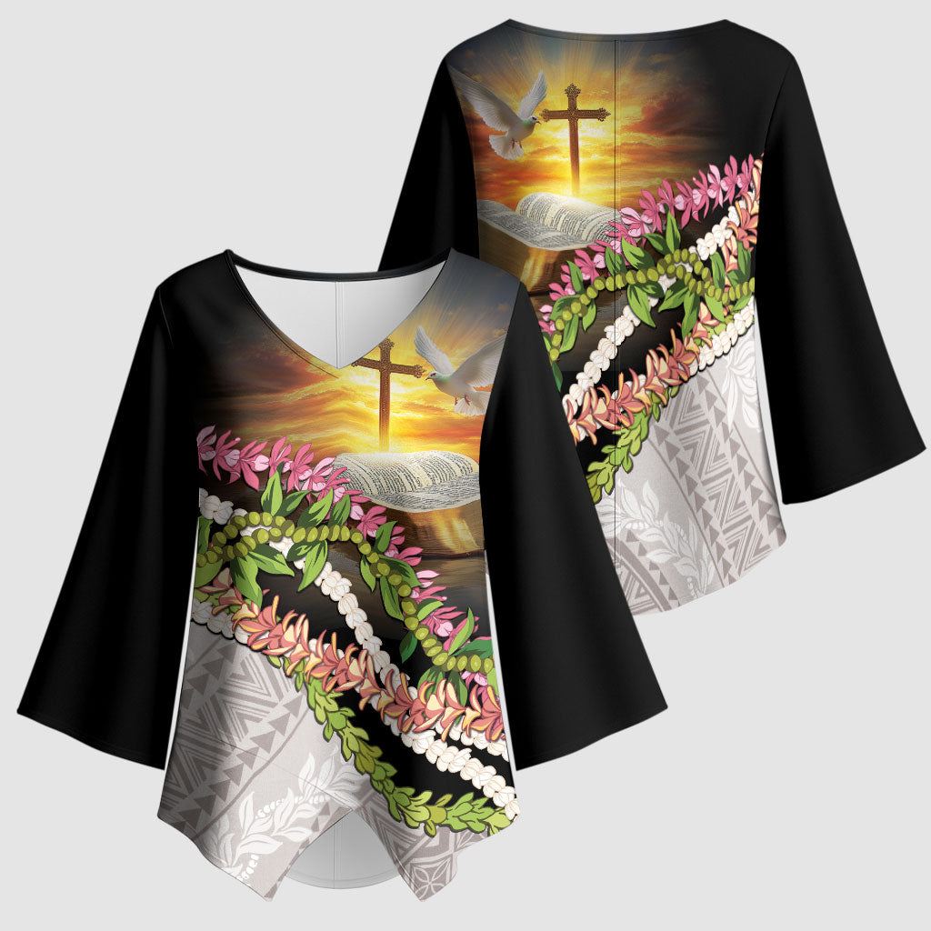 Hawaii Mokihana Mix Pikake Leis Mahalo 'Olelo Kimono Sleeve Blouse Black LT7 - Polynesian Pride