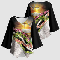 Hawaii Mokihana Mix Pikake Leis Mahalo 'Olelo Kimono Sleeve Blouse Black LT7 - Polynesian Pride