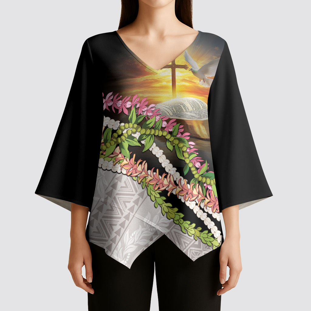 Hawaii Mokihana Mix Pikake Leis Mahalo 'Olelo Kimono Sleeve Blouse Black LT7 - Polynesian Pride
