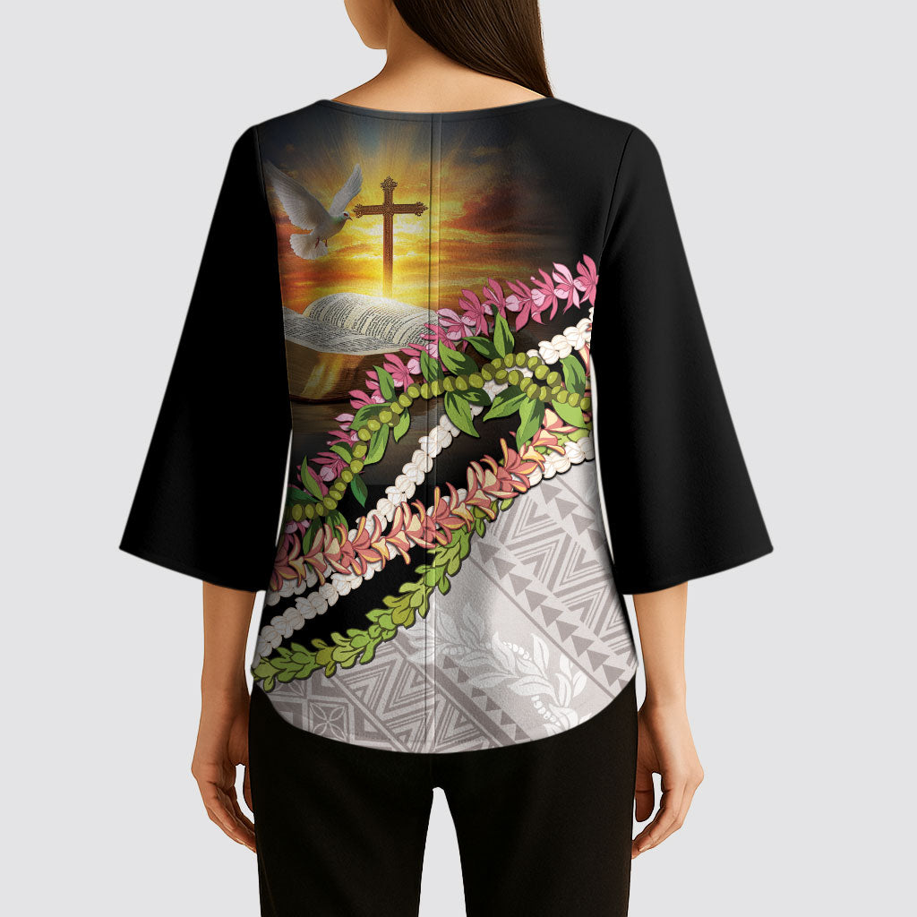 Hawaii Mokihana Mix Pikake Leis Mahalo 'Olelo Kimono Sleeve Blouse Black LT7 - Polynesian Pride