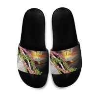 Hawaii Mokihana Mix Pikake Leis Mahalo 'Olelo Slide Sandals Black LT7 Black - Polynesian Pride