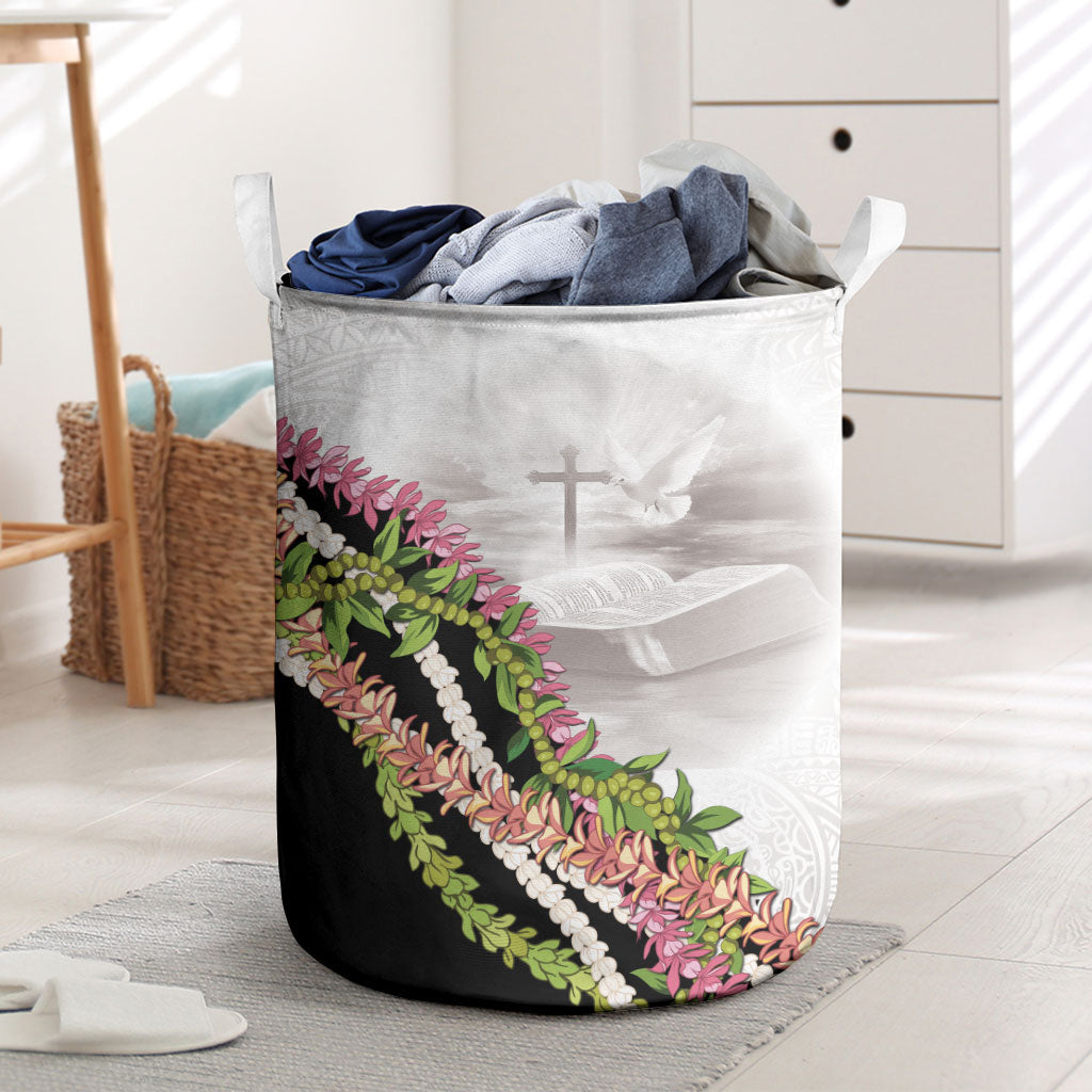 Hawaii Mokihana Mix Pikake Leis Mahalo 'Olelo Laundry Basket White Tapa LT7 White - Polynesian Pride