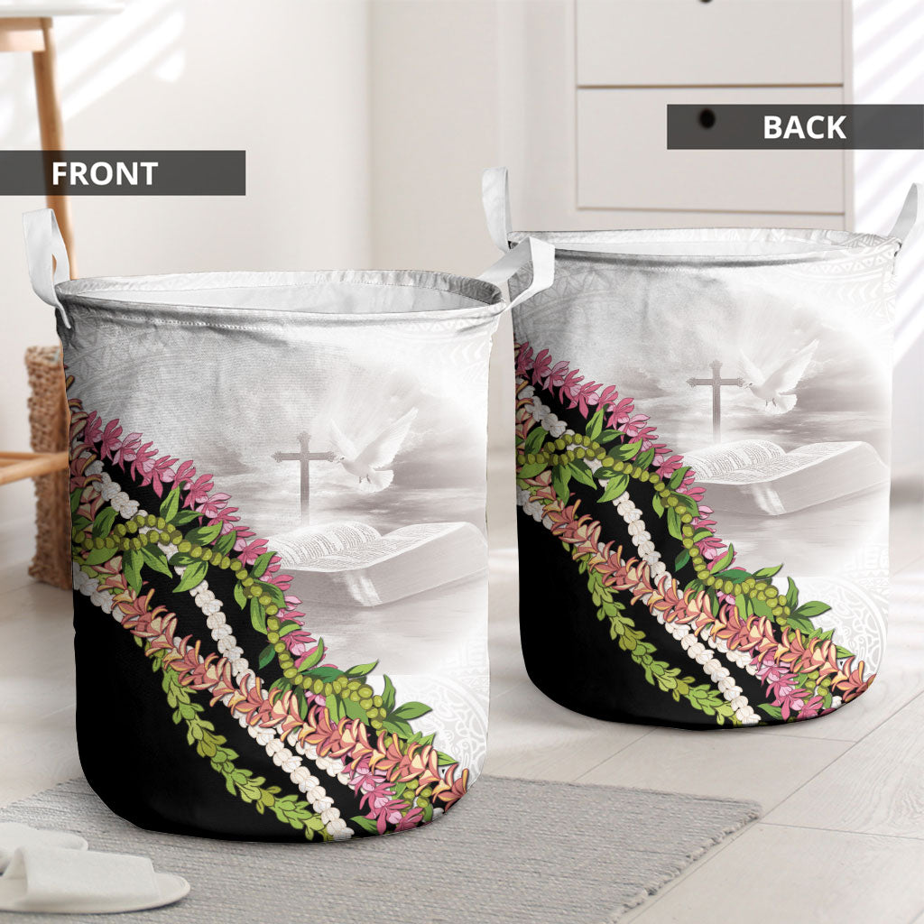 Hawaii Mokihana Mix Pikake Leis Mahalo 'Olelo Laundry Basket White Tapa LT7 - Polynesian Pride
