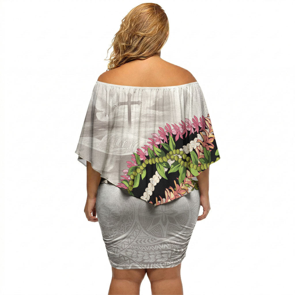 Hawaii Mokihana Mix Pikake Leis Mahalo 'Olelo Off Shoulder Short Dress White Tapa LT7 - Polynesian Pride