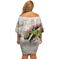 Hawaii Mokihana Mix Pikake Leis Mahalo 'Olelo Off Shoulder Short Dress White Tapa LT7 - Polynesian Pride