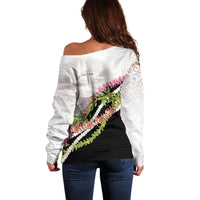 Hawaii Mokihana Mix Pikake Leis Mahalo 'Olelo Off Shoulder Sweater White Tapa LT7 - Polynesian Pride