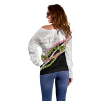Hawaii Mokihana Mix Pikake Leis Mahalo 'Olelo Off Shoulder Sweater White Tapa LT7 - Polynesian Pride