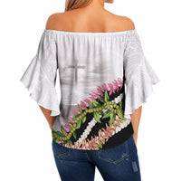 Hawaii Mokihana Mix Pikake Leis Mahalo 'Olelo Off Shoulder Wrap Waist Top White Tapa LT7 - Polynesian Pride