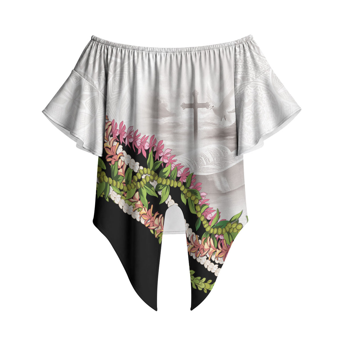 Hawaii Mokihana Mix Pikake Leis Mahalo 'Olelo Off Shoulder Wrap Waist Top White Tapa LT7 - Polynesian Pride