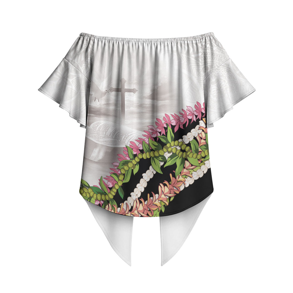 Hawaii Mokihana Mix Pikake Leis Mahalo 'Olelo Off Shoulder Wrap Waist Top White Tapa LT7 - Polynesian Pride