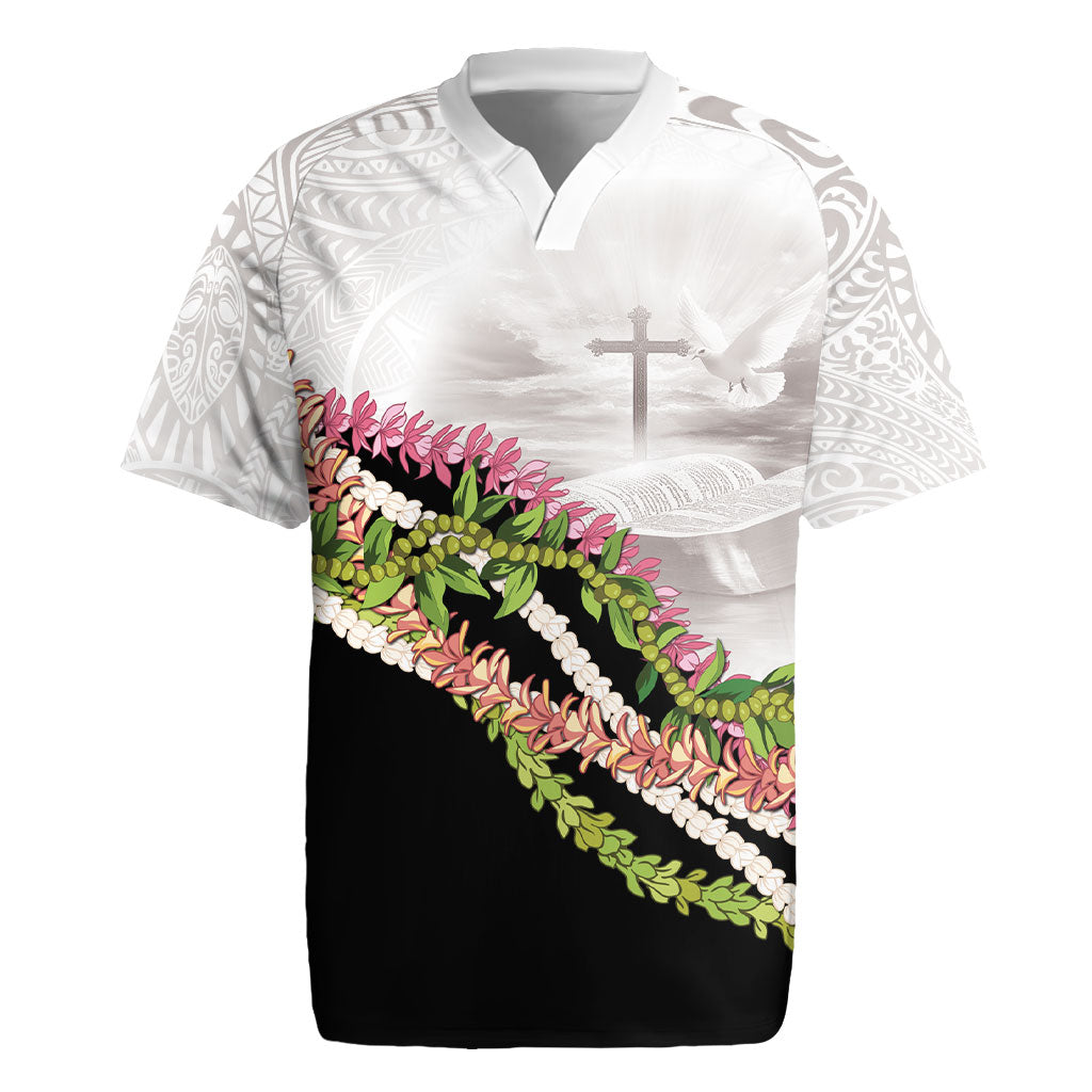 Hawaii Mokihana Mix Pikake Leis Mahalo 'Olelo Rugby Jersey White Tapa