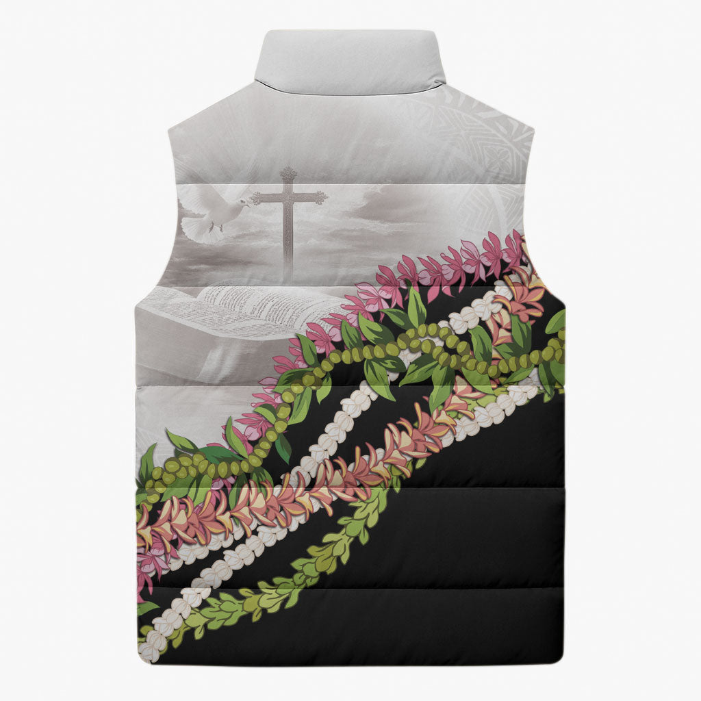 Hawaii Mokihana Mix Pikake Leis Mahalo 'Olelo Sleeveless Puffer Jacket White Tapa LT7 - Polynesian Pride
