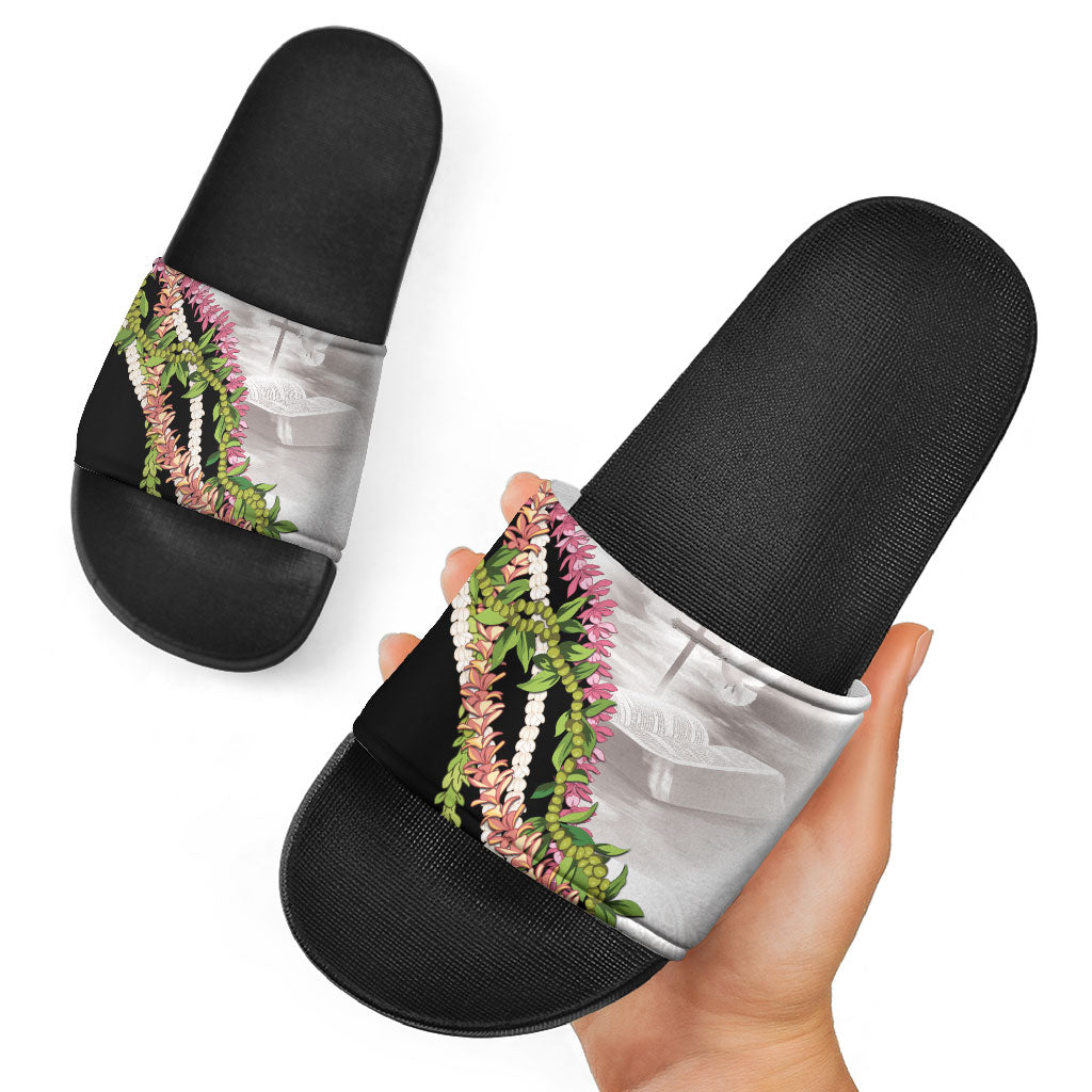 Hawaii Mokihana Mix Pikake Leis Mahalo 'Olelo Slide Sandals White Tapa LT7 - Polynesian Pride