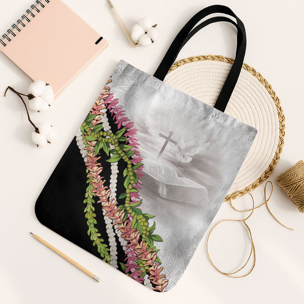 Hawaii Mokihana Mix Pikake Leis Mahalo 'Olelo Tote Bag White Tapa LT7 Black Strap One Size White - Polynesian Pride