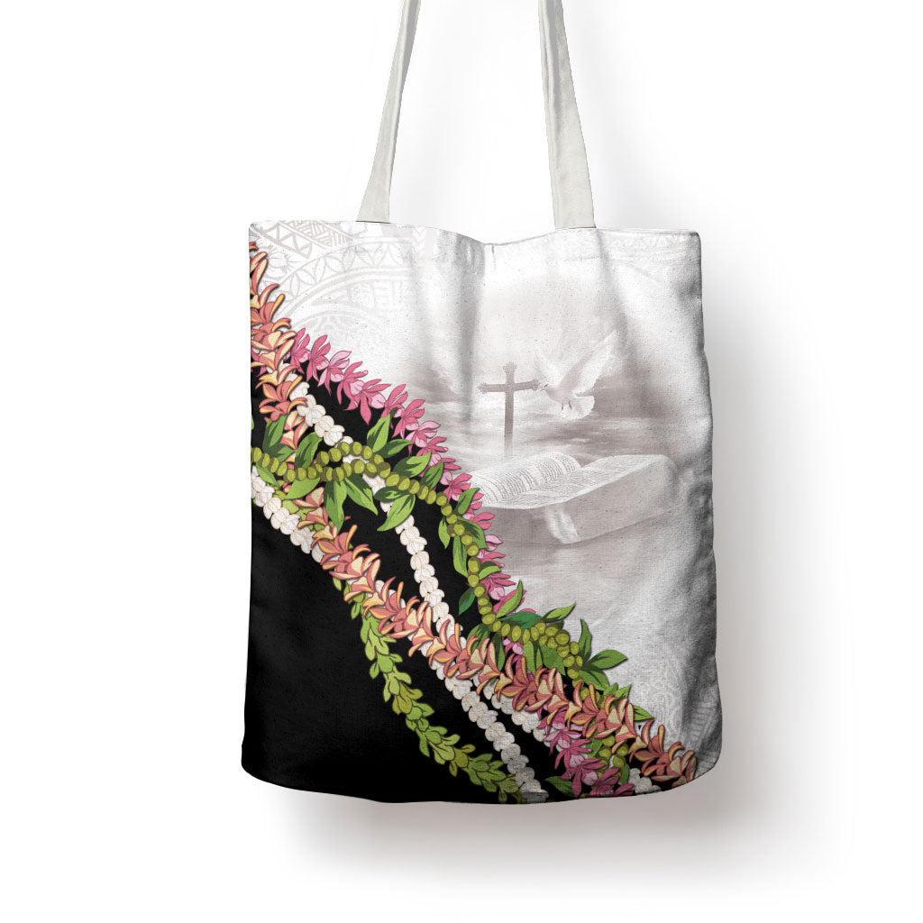 Hawaii Mokihana Mix Pikake Leis Mahalo 'Olelo Tote Bag White Tapa LT7 - Polynesian Pride