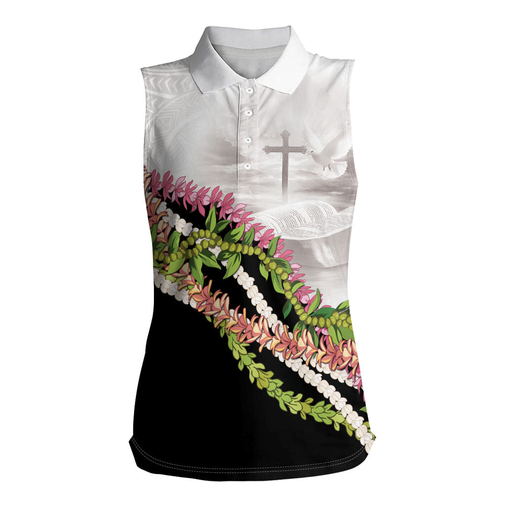 Hawaii Mokihana Mix Pikake Leis Mahalo 'Olelo Women Sleeveless Polo Shirt White Tapa LT7 Female White - Polynesian Pride