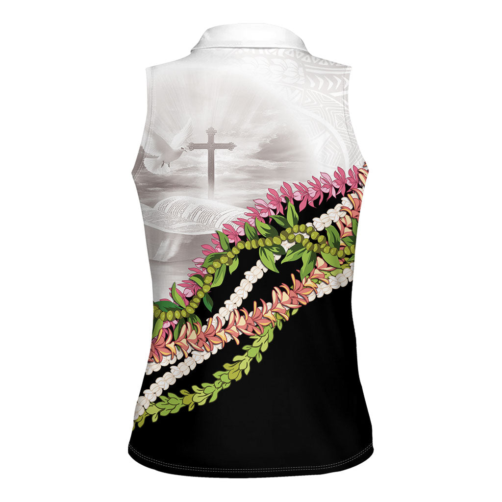 Hawaii Mokihana Mix Pikake Leis Mahalo 'Olelo Women Sleeveless Polo Shirt White Tapa LT7 - Polynesian Pride