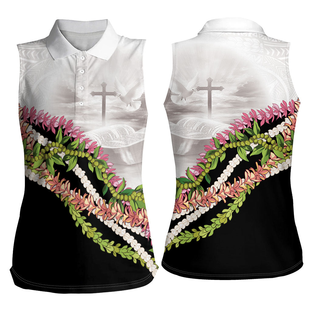 Hawaii Mokihana Mix Pikake Leis Mahalo 'Olelo Women Sleeveless Polo Shirt White Tapa LT7 - Polynesian Pride