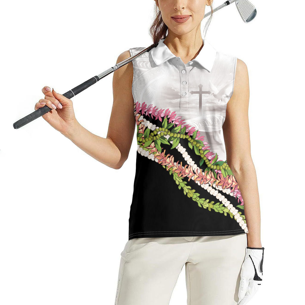 Hawaii Mokihana Mix Pikake Leis Mahalo 'Olelo Women Sleeveless Polo Shirt White Tapa LT7 - Polynesian Pride
