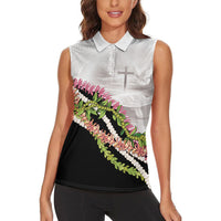 Hawaii Mokihana Mix Pikake Leis Mahalo 'Olelo Women Sleeveless Polo Shirt White Tapa LT7 - Polynesian Pride