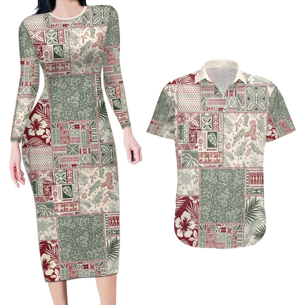 Aloha Hawaii Pastel Christmas Patchwork Couples Matching Long Sleeve Bodycon Dress and Hawaiian Shirt Classic Style LT7 Pastel Green - Polynesian Pride