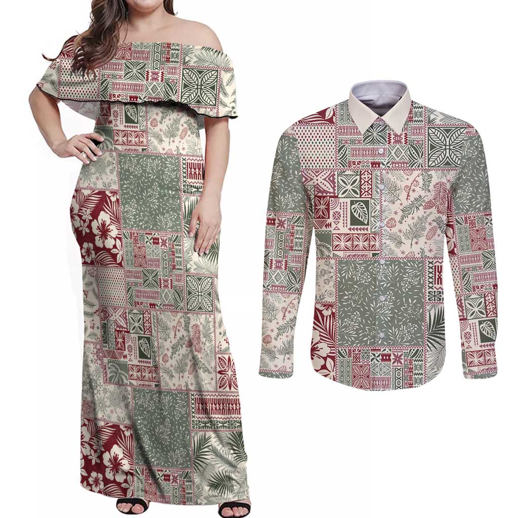 Aloha Hawaii Pastel Christmas Patchwork Couples Matching Off Shoulder Maxi Dress and Long Sleeve Button Shirt Classic Style LT7 Pastel Green - Polynesian Pride