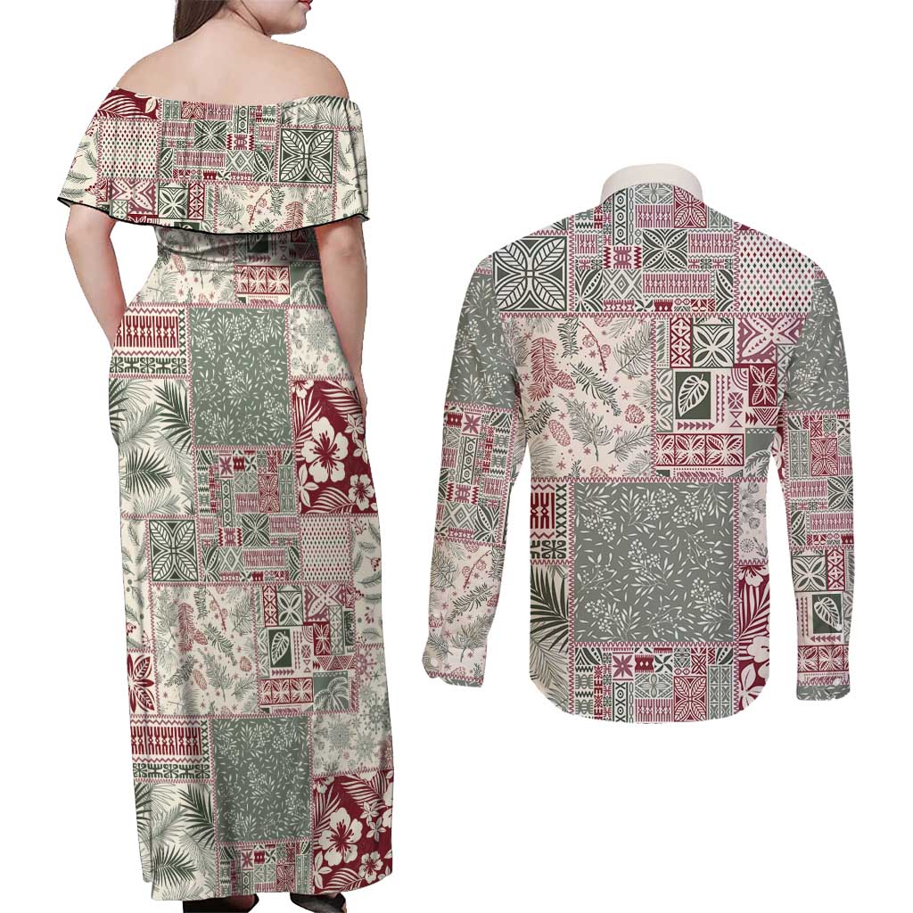 Aloha Hawaii Pastel Christmas Patchwork Couples Matching Off Shoulder Maxi Dress and Long Sleeve Button Shirt Classic Style LT7 - Polynesian Pride