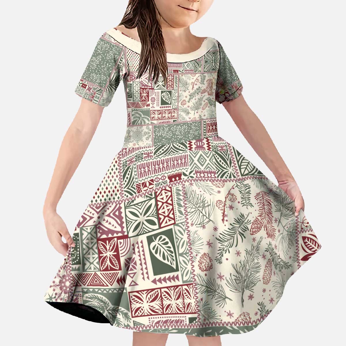Aloha Hawaii Pastel Christmas Patchwork Family Matching Off The Shoulder Long Sleeve Dress and Hawaiian Shirt Classic Style - Polynesian Pride