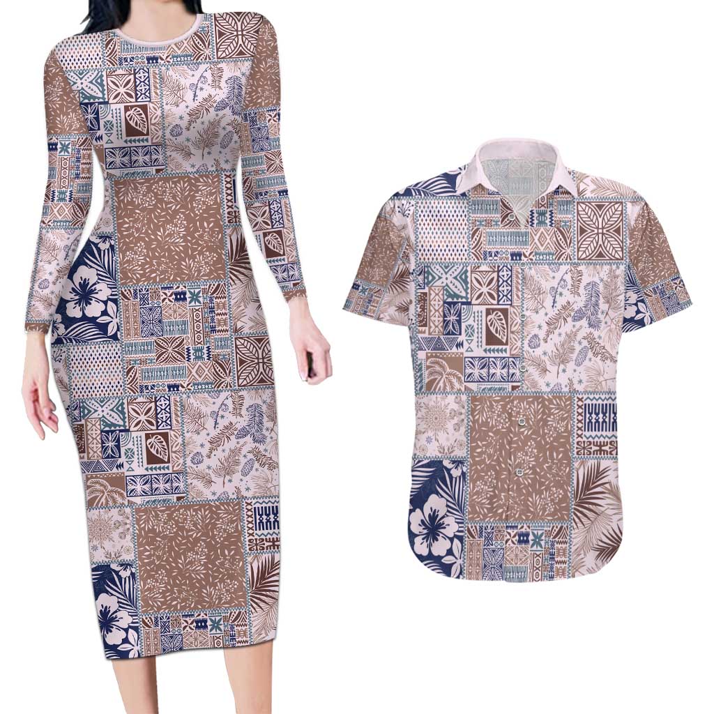 Aloha Hawaii Pastel Christmas Patchwork Couples Matching Long Sleeve Bodycon Dress and Hawaiian Shirt Rustic Style LT7 Beige - Polynesian Pride