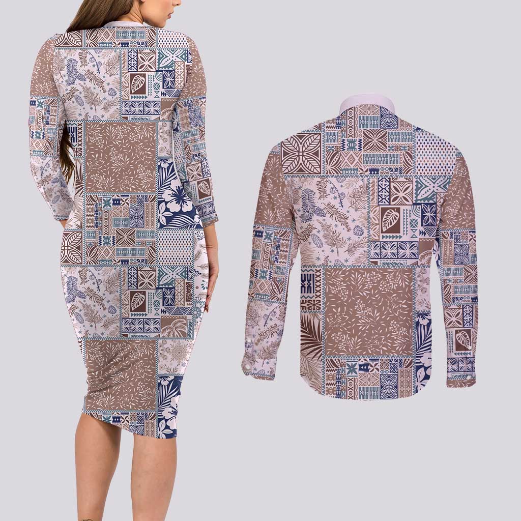 Aloha Hawaii Pastel Christmas Patchwork Couples Matching Long Sleeve Bodycon Dress and Long Sleeve Button Shirt Rustic Style - Polynesian Pride