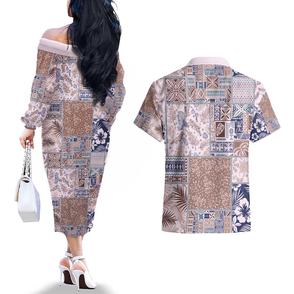 Aloha Hawaii Pastel Christmas Patchwork Couples Matching Off The Shoulder Long Sleeve Dress and Hawaiian Shirt Rustic Style - Polynesian Pride