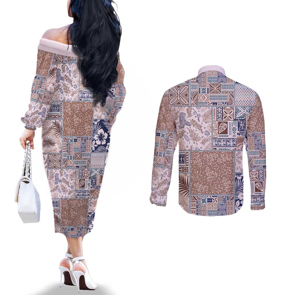 Aloha Hawaii Pastel Christmas Patchwork Couples Matching Off The Shoulder Long Sleeve Dress and Long Sleeve Button Shirt Rustic Style LT7 - Polynesian Pride