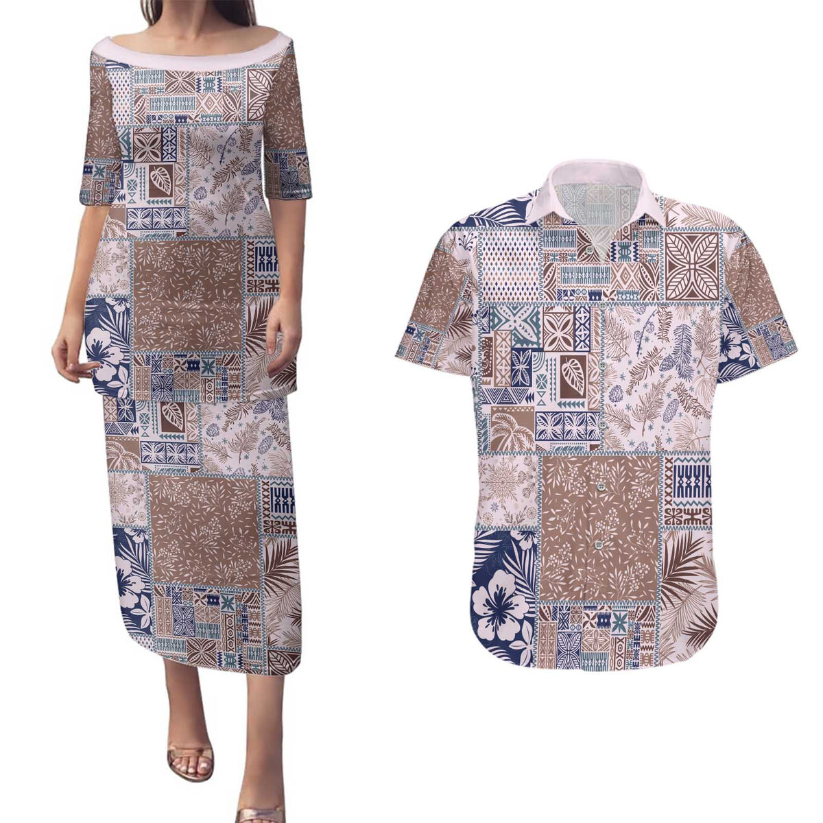 Aloha Hawaii Pastel Christmas Patchwork Couples Matching Puletasi and Hawaiian Shirt Rustic Style - Polynesian Pride