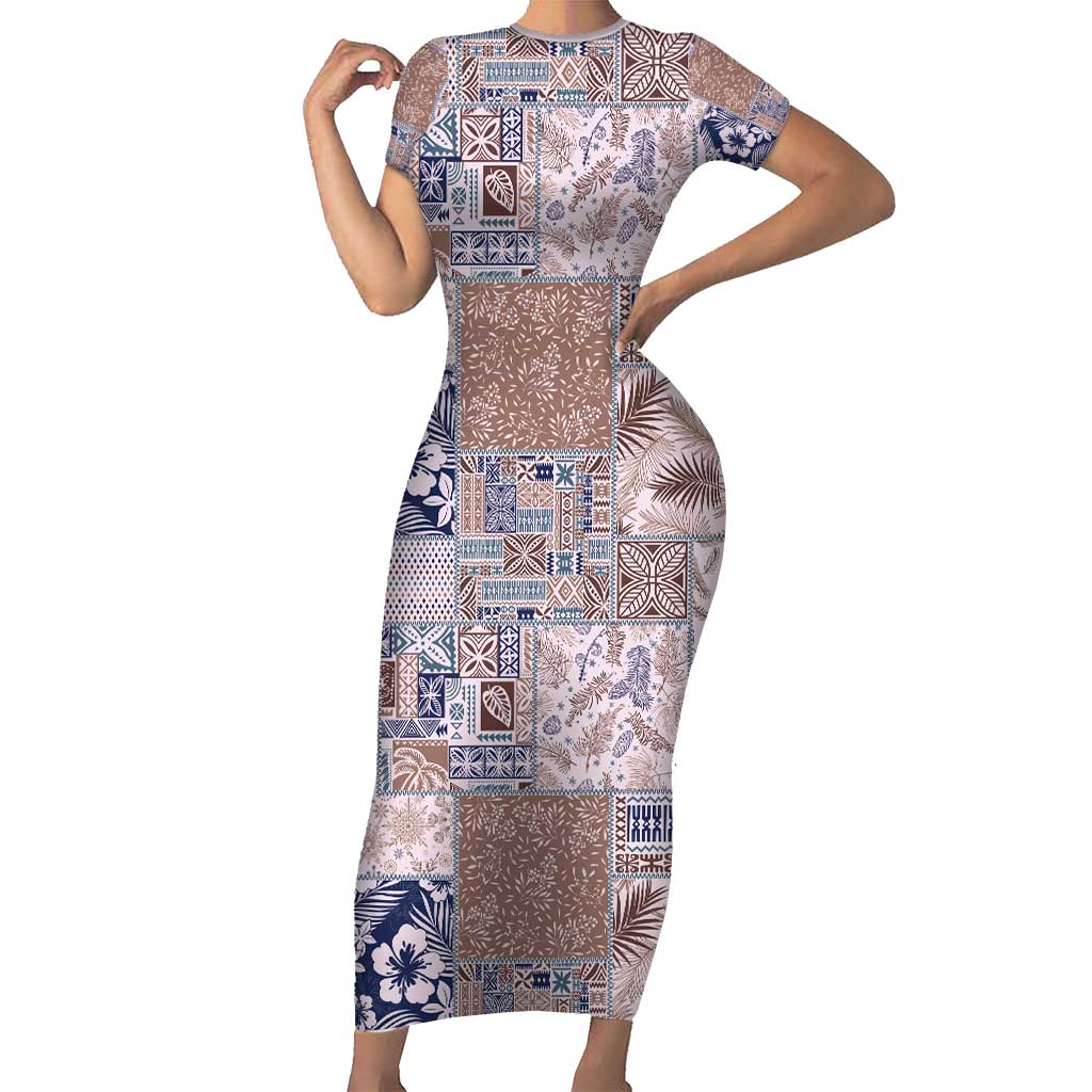Aloha Hawaii Pastel Christmas Patchwork Short Sleeve Bodycon Dress Rustic Style LT7 Long Dress Beige - Polynesian Pride